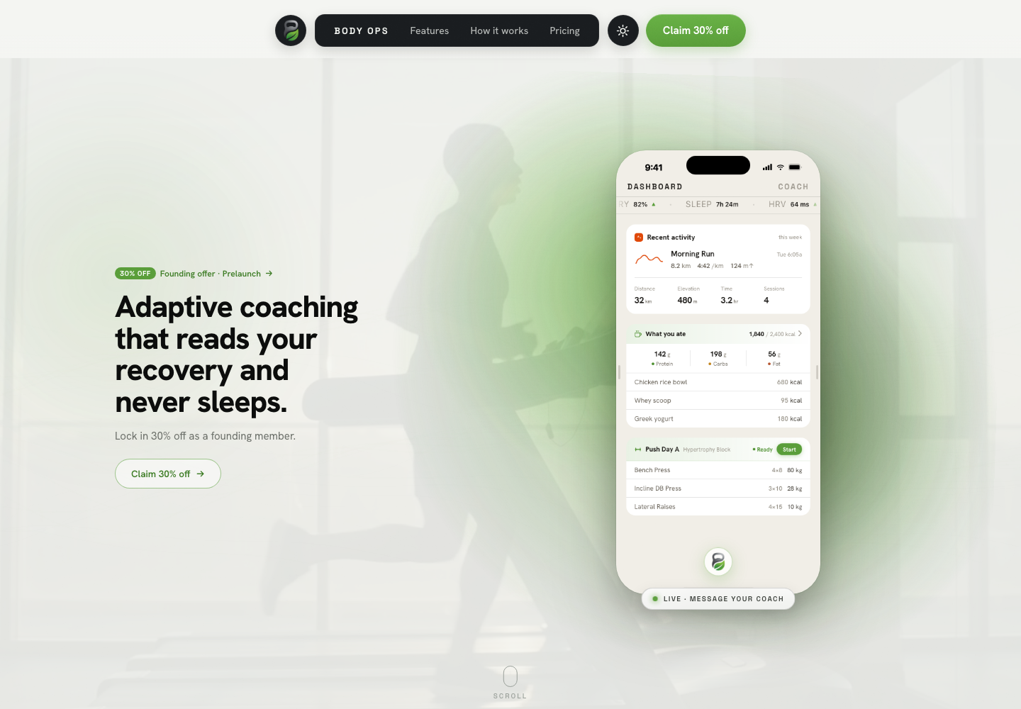 Body Ops live product homepage showing its iOS app dashboard